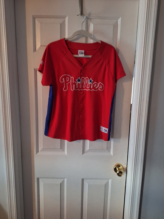 Majestic Tops - Majestic Phillies Red and Blue Womens Baseball Jersey L